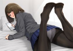 Rule 34 | 1girl, bed sheet, black pantyhose, blue skirt, blush, breasts, brown eyes, brown hair, cardigan, cellphone, commentary request, feet, feet up, from behind, grey cardigan, gusset, highres, holding, holding phone, long sleeves, looking at viewer, looking back, lying, medium breasts, miniskirt, no shoes, on bed, on stomach, open mouth, original, panties, panties under pantyhose, pantyhose, pantyshot, phone, pillow, pleated skirt, short hair, skirt, sleeves past wrists, smartphone, solo, swept bangs, takoneru, thighband pantyhose, underwear, upskirt, white panties