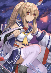Rule 34 | 1girl, ayanami (azur lane), azur lane, bare shoulders, blue sailor collar, blue skirt, blush, breasts, brown eyes, brown hair, closed mouth, cloud, cloudy sky, commentary request, detached sleeves, hair between eyes, headgear, holding, holding sword, holding weapon, long hair, long sleeves, looking at viewer, night, night sky, pleated skirt, ponytail, revision, sailor collar, shirt, skirt, sky, sleeveless, sleeveless shirt, small breasts, solo, splashing, star (sky), starry sky, sword, thighhighs, tukino neru, very long hair, water, weapon, white shirt, white sleeves, white thighhighs, wide sleeves