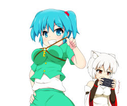 Rule 34 | 2girls, animal ears, between breasts, blue eyes, blue hair, blush, breast lift, breasts, bridal gauntlets, detached sleeves, grin, hair bobbles, hair ornament, hand on own hip, handheld game console, hitotsubashi inari, impossible clothes, impossible shirt, inubashiri momiji, kawashiro nitori, key, looking at viewer, medium breasts, multiple girls, no headwear, no headwear, playing games, playstation portable, pointing, pointing at self, red eyes, shirt, short hair, skirt, smile, strap between breasts, strap pull, touhou, twintails, white hair, wolf ears
