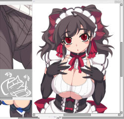 Rule 34 | 1girl, akatsuki alut, black gloves, blush stickers, breasts, brown hair, bursting breasts, choker, cleavage, cleavage cutout, clothing cutout, curvy, elbow gloves, gloves, hair ribbon, huge breasts, maid, maid headdress, mel/a, original, pantyhose, red eyes, ribbon, solo, underboob, unfinished