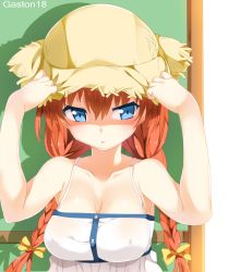 Rule 34 | 1girl, adjusting clothes, adjusting headwear, artist name, bare shoulders, blue eyes, bow, braid, breasts, cleavage, collarbone, colored eyelashes, covered erect nipples, derivative work, dress, gaston18, hair between eyes, hair bow, hands on headwear, hands up, hat, highres, hisasi, large breasts, long hair, looking down, mishima asuka (taiyou no shizuku), orange hair, original, pout, red hair, shadow, solo, straw hat, sundress, taiyou no shizuku, twin braids, upper body, white dress