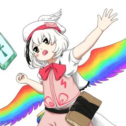 Rule 34 | 1girl, highres, hollow song of birds, medi (blukou), multicolored hair, multicolored wings, neck ribbon, pink shorts, pink vest, ribbon, short hair, shorts, solo, torisumi horou, touhou, vest, wings, yellow eyes
