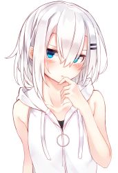Rule 34 | 1girl, :o, arm at side, arm up, bare shoulders, blue eyes, blush, collarbone, hair between eyes, hair ornament, hairclip, hand up, head tilt, hood, hood down, hooded vest, looking at viewer, open mouth, original, otokuyou, parted lips, ringo-chan (haegiwa), ringo-chan (otokuyou), short hair, simple background, solo, tsurime, vest, white background, white hair, white vest, zipper