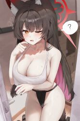 Rule 34 | 1girl, ?, absurdres, animal ear fluff, animal ears, black hair, black panties, blue archive, blush, breasts, cleavage, cowboy shot, door, fox ears, halo, highres, indoors, large breasts, long hair, one eye closed, open mouth, panties, red halo, seya (sseya33), slippers, solo, spoken question mark, tank top, underwear, wakamo (blue archive), white tank top, yellow eyes