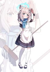 Rule 34 | 1girl, alternate costume, animal ears, apron, black dress, black footwear, blue archive, blue eyes, blue halo, blue scarf, blush, cross hair ornament, dress, enmaided, full body, grey hair, hair ornament, halo, highres, looking at viewer, maid, maid apron, medium hair, mismatched pupils, mop, pantyhose, parted lips, puffy short sleeves, puffy sleeves, rizuaki, scarf, shiroko (blue archive), shoes, short sleeves, solo, white apron, white pantyhose, wolf ears, zoom layer