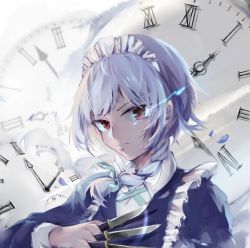 Rule 34 | 1girl, aaapri, between fingers, blue dress, braid, clock, dress, green ribbon, hair ribbon, highres, holding, holding knife, holding weapon, izayoi sakuya, knife, knives between fingers, long sleeves, looking at viewer, maid, maid headdress, red eyes, ribbon, roman numeral, short hair, silver hair, single braid, solo, touhou, upper body, weapon