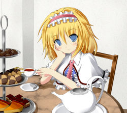 Rule 34 | 1girl, alice margatroid, blonde hair, blue eyes, bluntspoony, blush, cake, capelet, chair, checkerboard cookie, checkered cookie, cookie, cup, female focus, food, hairband, hand on own cheek, hand on own face, looking at viewer, pie, plate, pocky, pov across table, saucer, short hair, sitting, smile, solo, spoon, table, tea, teacup, teapot, tiered serving stand, tiered tray, touhou