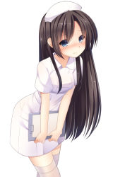 Rule 34 | 1girl, black hair, blue eyes, blush, buttons, clipboard, dress, embarrassed, face, female focus, hat, highres, holding, leaning forward, long hair, looking at viewer, nurse, nurse cap, original, pastel-pastel, short sleeves, simple background, solo, standing, thighhighs, uniform, very long hair, white background, white thighhighs, zettai ryouiki