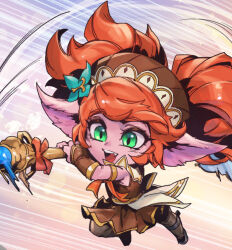 Rule 34 | 1girl, brown pantyhose, brown skirt, detached sleeves, fang, green eyes, hammer, headdress, holding, holding hammer, holding weapon, league of legends, long pointy ears, multicolored background, official alternate costume, official alternate hairstyle, orange hair, pantyhose, phantom ix row, pleated skirt, pointy ears, poppy (league of legends), shoes, skirt, solo, swept bangs, teeth, twintails, upper teeth only, weapon, yordle