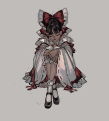 Rule 34 | 1girl, black footwear, black hair, bow, closed eyes, closed mouth, detached sleeves, full body, grey background, hair bow, hair tubes, hakurei reimu, hugging own legs, long sleeves, mary janes, red bow, red ribbon, ribbon, ribbon-trimmed sleeves, ribbon trim, shoes, simple background, sitting, solo, touhou, vitaminc (corkscrewcross), wide sleeves