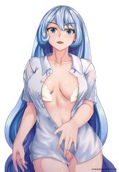 Rule 34 | 10s, 1girl, artstation username, blue eyes, blue hair, blush, boku no hero academia, bra, breasts, breasts apart, commentary request, dress shirt, hadou nejire, highres, light blush, long hair, looking at viewer, medium breasts, no panties, open bra, open clothes, open shirt, seraphim throne, shirt, solo, underwear, very long hair, white bra