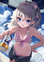 Rule 34 | 1girl, bikini, black shorts, blue eyes, blue sky, breasts, can, canned coffee, charlotte (anime), cloud, commission, day, drink can, dutch angle, ferris wheel, frilled bikini, frills, hair ribbon, highres, long hair, netherlands, outdoors, pink bikini, pink ribbon, ponytail, ribbon, shorts, silver hair, skeb commission, sky, small breasts, solo, swimsuit, tagame (tagamecat), tomori nao
