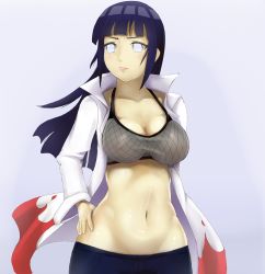 Rule 34 | 1girl, black hair, breasts, cleavage, curvy, female focus, highres, hyuuga hinata, large breasts, long hair, naruto, naruto (series), navel, nipples, open clothes, purple eyes, sakuama, see-through, solo, standing, wide hips
