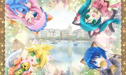 Rule 34 | 2boys, 2girls, animal ears, aqua hair, bell, blonde hair, blue eyes, blue hair, cat ears, cat tail, circle formation, dress, elbow gloves, gloves, gongitsune, gongitsune (gongitune2), green eyes, hatsune miku, jingle bell, kagamine len, kaito (vocaloid), megurine luka, multiple boys, multiple girls, one eye closed, open mouth, pink hair, tail, twintails, vocaloid, wink