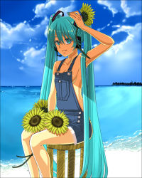 Rule 34 | 1girl, aqua hair, armpits, bad id, bad pixiv id, breasts, flower, hatsune miku, jirou (slept), long hair, naked overalls, overalls, sideboob, small breasts, solo, sunflower, twintails, very long hair, vocaloid