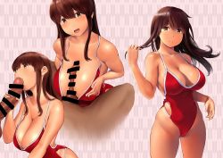 Rule 34 | 1boy, 1girl, akagi (kancolle), bad id, bad twitter id, bar censor, bare shoulders, blush, breasts, breasts squeezed together, brown eyes, brown hair, censored, cleavage, closed mouth, collarbone, dark-skinned male, dark skin, erection, fellatio, hand in own hair, handjob, hetero, highleg, highleg swimsuit, highres, hip focus, kantai collection, large breasts, long hair, multiple views, one-piece swimsuit, open mouth, oral, paizuri, penis, pink background, red one-piece swimsuit, smile, solo focus, straight hair, swimsuit, thighs, wa (genryusui)