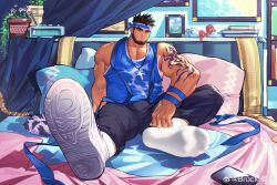 Rule 34 | 1boy, absurdres, arm tattoo, baimeme, bara, bare arms, beard, black hair, blue headband, blue shirt, brucie (infighter821), bulge, cross, cross necklace, dungeon and fighter, facial hair, feet, foot focus, foreshortening, full beard, full body, headband, highres, jewelry, looking at viewer, male focus, male priest (dungeon and fighter), mature male, muscular, muscular male, necklace, on bed, pectoral cleavage, pectorals, second-party source, shirt, shoes, sidepec, single shoe, sleeveless, sleeveless shirt, smile, sneakers, socks, solo, tail, tattoo, thick eyebrows, tiger tail, white socks