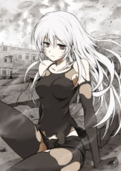 Rule 34 | 1girl, absurdres, android, artist request, bare shoulders, black gloves, blue eyes, breasts, collarbone, elbow gloves, gloves, highres, large breasts, long hair, messy hair, mole, mole under mouth, nier:automata, nier (series), outdoors, silver hair, sitting, solo, thighhighs, a2 (nier:automata)