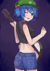Rule 34 | 1girl, alternate costume, arm up, bare shoulders, blue eyes, blue hair, denim, denim shorts, electric guitar, fender (company), from behind, guitar, hair bobbles, hair ornament, hat, highres, instrument, kawashiro nitori, looking at viewer, matching hair/eyes, midriff, nattsuhan, one eye closed, open mouth, plectrum, short hair, short twintails, shorts, smile, solo, standing, tank top, touhou, twintails, two side up, whammy bar, wink