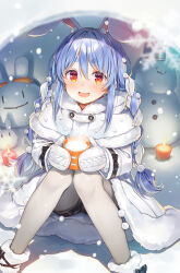 Rule 34 | 1girl, animal ear fluff, animal ears, black shorts, blue hair, blush, boots, braid, brown eyes, candle, capelet, coat, coat dress, commentary, cup, fire, fur-trimmed boots, fur-trimmed capelet, fur trim, hair between eyes, highres, holding, holding cup, hololive, igloo, knees together feet apart, long hair, milk, mittens, multicolored hair, open mouth, pantyhose, rabbit-shaped pupils, rabbit ears, rabbit girl, short eyebrows, shorts, sidelocks, sitting, smile, snow, snow rabbit, snow shelter, snowflakes, snowing, snowman, solo, steam, symbol-only commentary, symbol-shaped pupils, thick eyebrows, twin braids, usada pekora, virtual youtuber, white capelet, white coat, white hair, white mittens, white pantyhose, yuuki hagure