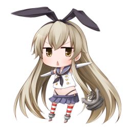 Rule 34 | &gt;:&lt;, 10s, 1girl, :&lt;, anchor, black panties, blonde hair, chibi, closed mouth, elbow gloves, gloves, hairband, highres, kantai collection, long hair, moegi nenene, navel, outstretched arms, panties, personification, sailor collar, shimakaze (kancolle), socks, solo, spread arms, striped clothes, striped socks, striped thighhighs, thighhighs, triangle mouth, underwear, v-shaped eyebrows, white background