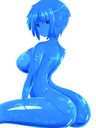 Rule 34 | 1girl, ass, blue eyes, blue hair, blue skin, breasts, colored skin, large breasts, looking at viewer, looking back, monster girl, rethnick, short hair, slime girl, solo