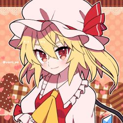 Rule 34 | 1girl, artist name, ascot, blonde hair, breasts, brown background, brown eyes, closed mouth, collar, collared shirt, crystal, dress, flandre scarlet, hair between eyes, hat, hat ribbon, heart, highres, jewelry, looking at viewer, medium breasts, mob cap, one side up, orange background, polka dot, polka dot background, puffy short sleeves, puffy sleeves, red dress, red ribbon, ribbon, shirt, short hair, short sleeves, smile, solo, touhou, upper body, white hat, white shirt, wings, yellow ascot, yoriteruru