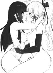 Rule 34 | 2girls, absurdres, artist name, ayaka (genshin impact), bare shoulders, black gloves, black hair, blunt bangs, blush, breast press, breasts, chilichi5, elbow gloves, eye contact, face-to-face, fingerless gloves, french kiss, genshin impact, gloves, greyscale, highres, hime cut, kiss, long hair, looking at another, makeup, mascara, medium breasts, mole, mole under eye, monochrome, multiple girls, nipple-to-nipple, nipples, nude, open mouth, ponytail, saliva, sidelocks, simple background, sketch, symmetrical docking, tongue, white background, yun jin (genshin impact), yuri