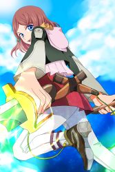 Rule 34 | 10s, 1girl, absurdres, blue eyes, frills, hair ornament, highres, hood, jacket, open mouth, pants, red hair, rose (tales), scarf, shoes, short hair, sky, tales of (series), tales of zestiria, weapon
