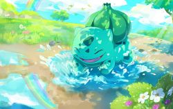 Rule 34 | :d, bulbasaur, commentary request, creatures (company), closed eyes, fangs, flower, game freak, gen 1 pokemon, grass, kurokuma824, nintendo, no humans, open mouth, outdoors, pokemon, pokemon (creature), puddle, rainbow, reflection, smile, tongue, tree, water, white flower
