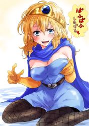 Rule 34 | 1girl, bare shoulders, blonde hair, blue eyes, breasts, cape, cleavage, commentary request, dragon quest, dragon quest iii, earrings, elbow gloves, fishnets, gem, gloves, jester (dq3), jewelry, looking at viewer, open mouth, pantyhose, single earring, sitting, solo, tiara, translated, unya, yellow gloves