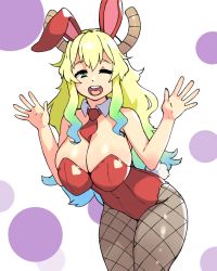 Rule 34 | 1girl, :d, bare arms, bare shoulders, between breasts, blonde hair, breasts, commentary, cowboy shot, english commentary, fishnet pantyhose, fishnets, gradient hair, green eyes, green hair, grey pantyhose, hands up, highres, horns, kobayashi-san chi no maidragon, large breasts, leotard, looking at viewer, lucoa (maidragon), multicolored hair, necktie, necktie between breasts, official alternate costume, one eye closed, open mouth, pantyhose, playboy bunny, red leotard, red necktie, skindentation, smile, solo, standing, strapless, strapless leotard, vins-mousseux