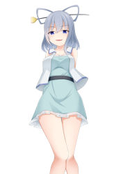 Rule 34 | 1girl, adapted costume, arms behind back, bare shoulders, belt, blue eyes, blue hair, breasts, collarbone, commentary request, dekaraitaa, dress, feet out of frame, from below, hair ornament, hair rings, hair stick, highres, kaku seiga, legs together, medium breasts, medium hair, parted lips, petticoat, simple background, sleeveless, sleeveless dress, smile, solo, standing, touhou, vest, white background, white vest