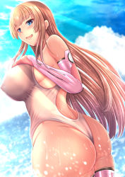 Rule 34 | 1girl, absurdres, artist request, ass, breasts, competition swimsuit, highres, huge ass, kanna (minamozuki), koukawa asuka, large breasts, long hair, looking at viewer, looking back, ocean, one-piece swimsuit, prosthesis, prosthetic arm, prosthetic leg, skindentation, solo, swimsuit, taimanin (series), taimanin asagi, very long hair, water