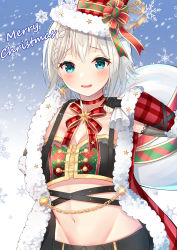 Rule 34 | 1girl, absurdres, aoba moca, bang dream!, black gloves, black shorts, blue eyes, blush, braid, breasts, choker, christmas, cleavage, collarbone, commentary request, crop top, fingerless gloves, fur-trimmed jacket, fur trim, gloves, groin, hat, hat ribbon, highres, holding, holding sack, jacket, long sleeves, looking at viewer, medium breasts, merry christmas, midriff, nari (narikashi), navel, neck ribbon, open clothes, open jacket, parted lips, red choker, red hat, red jacket, red ribbon, ribbon, sack, santa costume, short hair, shorts, silver hair, sleeves past wrists, smile, snowflakes, solo, stomach, top hat, upper body