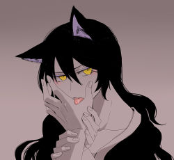 Rule 34 | 1girl, animal ears, black hair, blake belladonna, cat ears, gradient background, kuroda (nanchara flight), licking, licking hand, long hair, looking at viewer, out of frame, partially colored, pov, rwby, solo focus, tongue, yellow eyes