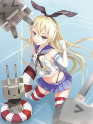 Rule 34 | &gt; &lt;, 10s, 1girl, :3, anchor, bad id, bad pixiv id, blonde hair, closed eyes, elbow gloves, gloves, green eyes, hairband, highres, kantai collection, lifebuoy, long hair, looking at viewer, personification, rensouhou-chan, shimakaze (kancolle), skirt, striped clothes, striped thighhighs, swim ring, thighhighs, wakame mi, white gloves