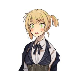 Rule 34 | 1girl, blonde hair, blush, braid, breasts, collared shirt, commentary, corset, english commentary, girls&#039; frontline, green eyes, highres, inapple, jacket, medium breasts, off shoulder, open clothes, open jacket, open mouth, pinstripe pattern, pinstripe vest, shirt, short hair, simple background, solo, striped, sweatdrop, upper body, vest, welrod mkii (girls&#039; frontline), white background, white shirt