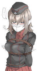 Rule 34 | 1girl, blue eyes, blush, bound, breasts, elf (stroll in the woods), gagged, girls und panzer, grey hair, hat, highres, itsumi erika, kuromorimine military uniform, large breasts, looking at viewer, military, military hat, military uniform, pleated skirt, red skirt, short hair, simple background, skirt, solo, standing, tied up, uniform, upper body, white background