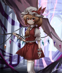 Rule 34 | 1girl, absurdres, ascot, blonde hair, closed mouth, commentary request, crystal, feet out of frame, flandre scarlet, hat, hat ribbon, highres, looking at viewer, mob cap, one side up, red eyes, red ribbon, red skirt, red vest, ribbon, shirt, short hair, short sleeves, signature, skirt, solo, standing, thighhighs, top-exerou, touhou, vest, white hat, white shirt, white thighhighs, wings, wrist cuffs, yellow ascot