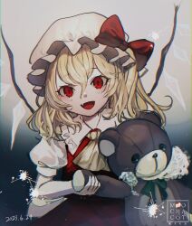 Rule 34 | 1girl, :d, ascot, bare arms, blonde hair, bow, commentary request, crystal, fang, flandre scarlet, grey background, happy, hat, hat bow, head tilt, holding, holding stuffed toy, leaning to the side, long hair, mob cap, mochacot, one side up, open mouth, puffy short sleeves, puffy sleeves, red bow, red eyes, red skirt, red vest, short sleeves, simple background, skin fang, skirt, slit pupils, smile, solo, straight-on, stuffed animal, stuffed toy, teddy bear, touhou, vest, wings, yellow ascot