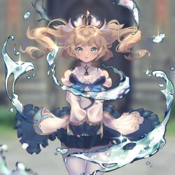 Rule 34 | 1girl, absurdres, barbara (genshin impact), bare shoulders, blonde hair, blue bow, blue eyes, blurry, blurry background, bow, breasts, commentary, cross, detached sleeves, dress, dress bow, drill hair, floating clothes, floating hair, frilled dress, frills, game screenshot background, genshin impact, hair ornament, hat, highres, keoboogie, korean commentary, latin cross, light brown hair, long hair, looking at viewer, mini hat, mixed-language commentary, open mouth, pantyhose, sidelocks, small breasts, solo, standing, straight-on, teeth, twin drills, twintails, upper body, upper teeth only, water, white dress, white pantyhose, white sleeves, wrist cuffs