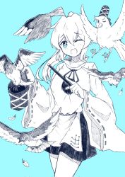 Rule 34 | 1girl, ;d, bird, blue background, blue eyes, bright pupils, corrupted twitter file, cowboy shot, feathers, gurajio, hat, highres, holding, holding clothes, holding hat, holding wand, japanese clothes, kariginu, long hair, long sleeves, looking at viewer, magician, mononobe no futo, one eye closed, open mouth, pom pom (clothes), ponytail, ribbon-trimmed sleeves, ribbon trim, simple background, skirt, smile, standing, tate eboshi, touhou, unworn hat, unworn headwear, wand, white pupils, wide sleeves