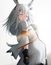 Rule 34 | 1girl, ^ ^, arknights, arms behind back, black gloves, black thighhighs, blush, breasts, closed eyes, commentary request, facing viewer, frostnova (arknights), gloves, gradient background, grey background, grey hair, hair ornament, hairclip, highres, hood, hood down, hooded jacket, jacket, keenh, long hair, medium breasts, open clothes, open jacket, parted lips, signature, smile, solo, standing, tears, thighhighs, white background, white jacket