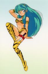Rule 34 | 1980s (style), 1girl, animal print, arm behind head, armband, artist request, bikini, blue eyes, boots, choker, eyeshadow, full body, green hair, horns, knee boots, knife, long hair, looking at viewer, lum, makeup, nakajima atsuko, official art, oldschool, retro artstyle, smile, solo, swimsuit, thigh boots, thigh strap, thighhighs, tiger print, tiger stripes, urusei yatsura, wristband