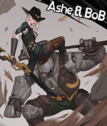 Rule 34 | 1boy, 1girl, ashe (overwatch), asymmetrical hair, bad id, bad pixiv id, belt buckle, bob (overwatch), bowler hat, bracer, buckle, character name, cowboy hat, earrings, extra eyes, eyeshadow, facial hair, finger on trigger, green eyes, gun, hat, hat over one eye, height difference, highres, holding, holding gun, holding weapon, improvised weapon, jewelry, lever action, lipstick, makeup, missing thumbnail, mole, mole above mouth, mustache, no pupils, omnic, overwatch, overwatch 1, popped collar, red eyes, red lips, rifle, road sign, robot, sign, sitting on shoulder, sleeves pushed up, stud earrings, tamidro, vest, weapon, white hair