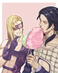 Rule 34 | 2boys, ^ ^, black hair, blonde hair, closed eyes, cotton candy, domino mask, eating, closed eyes, gloves, hex tails, illuso, jojo no kimyou na bouken, long hair, male focus, mask, melone, multiple boys, puffy vest, vento aureo, yepnean
