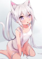 Rule 34 | 1girl, animal ear fluff, animal ears, breasts, cat ears, cat girl, cat tail, highres, long hair, one-piece swimsuit, open mouth, original, pink eyes, school swimsuit, silver hair, siragagaga, sitting, small breasts, solo, strap slip, swimsuit, tail, thighs, twintails, very long hair, white one-piece swimsuit