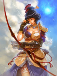 Rule 34 | 1girl, arrow (projectile), beads, black hair, bow (weapon), breasts, cleavage, crying, fingerless gloves, gloves, hair beads, hair ornament, highres, jewelry, large breasts, lips, nagi (toukiden), necklace, one eye closed, rover (fuji), short hair, smile, solo, tears, toukiden, weapon