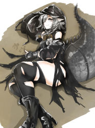 Rule 34 | 1girl, absurdres, arknights, arm behind head, black footwear, black shirt, black sleeves, black thighhighs, boots, braid, crocodilian tail, detached sleeves, gloves, goggles, goggles around neck, grey hair, highres, hood, hood up, hooded shirt, long hair, looking at viewer, lying, milleyoshio, on side, partially fingerless gloves, pointy ears, sand, sand writing, shirt, sleeveless, sleeveless shirt, smile, solo, tail, tail strap, thighhighs, thighs, tomimi (arknights), torn clothes, torn thighhighs, yellow eyes